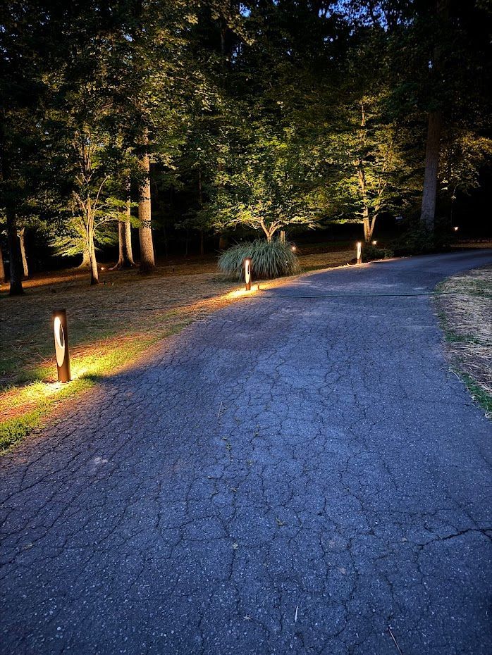 Lit pathway through a yard at night, featuring evenly spaced, vertical lights along the asphalt surface, illuminating trees in the background.