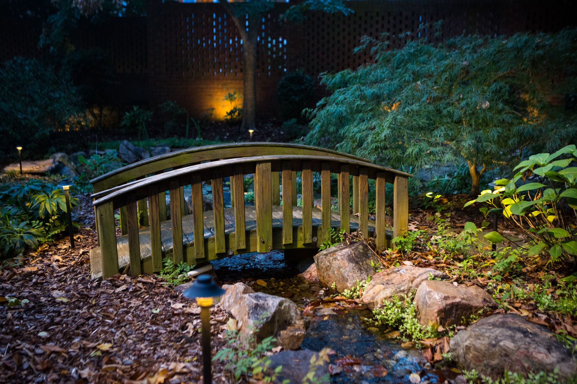 Wooden footbridge over a stream in a moonlit garden, with illuminated bushes and rocks.