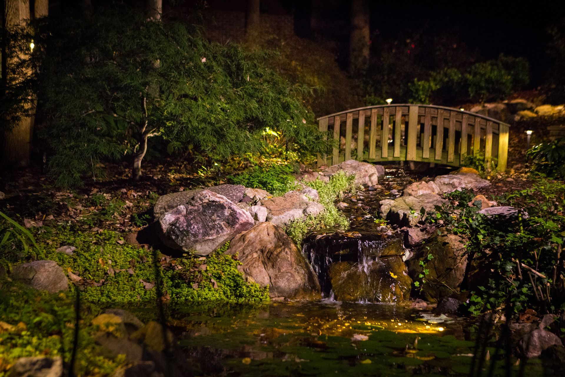 Wooden bridge over a small waterfall in a dimly lit garden with rocks and greenery.