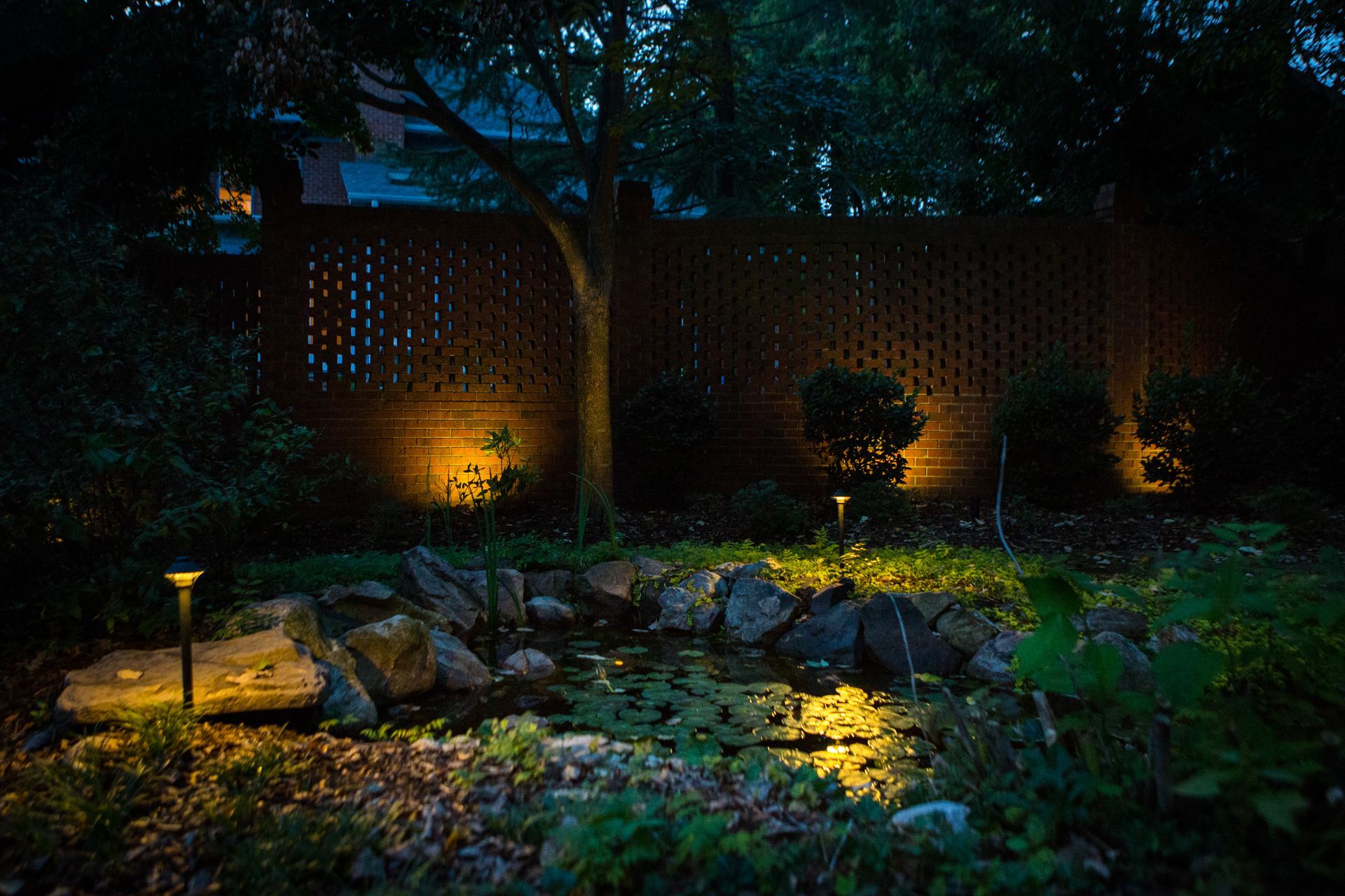Night-lit garden with a water feature, rocks, and landscaping. Warm lights highlight the fence and foliage.