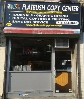 Flatbush Copy Center storefront with sign, offering printing, journals, and graphic design. Phone number: 718-434-3643.