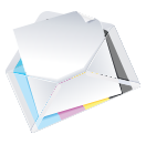 Open white envelope with blank papers and color accents.