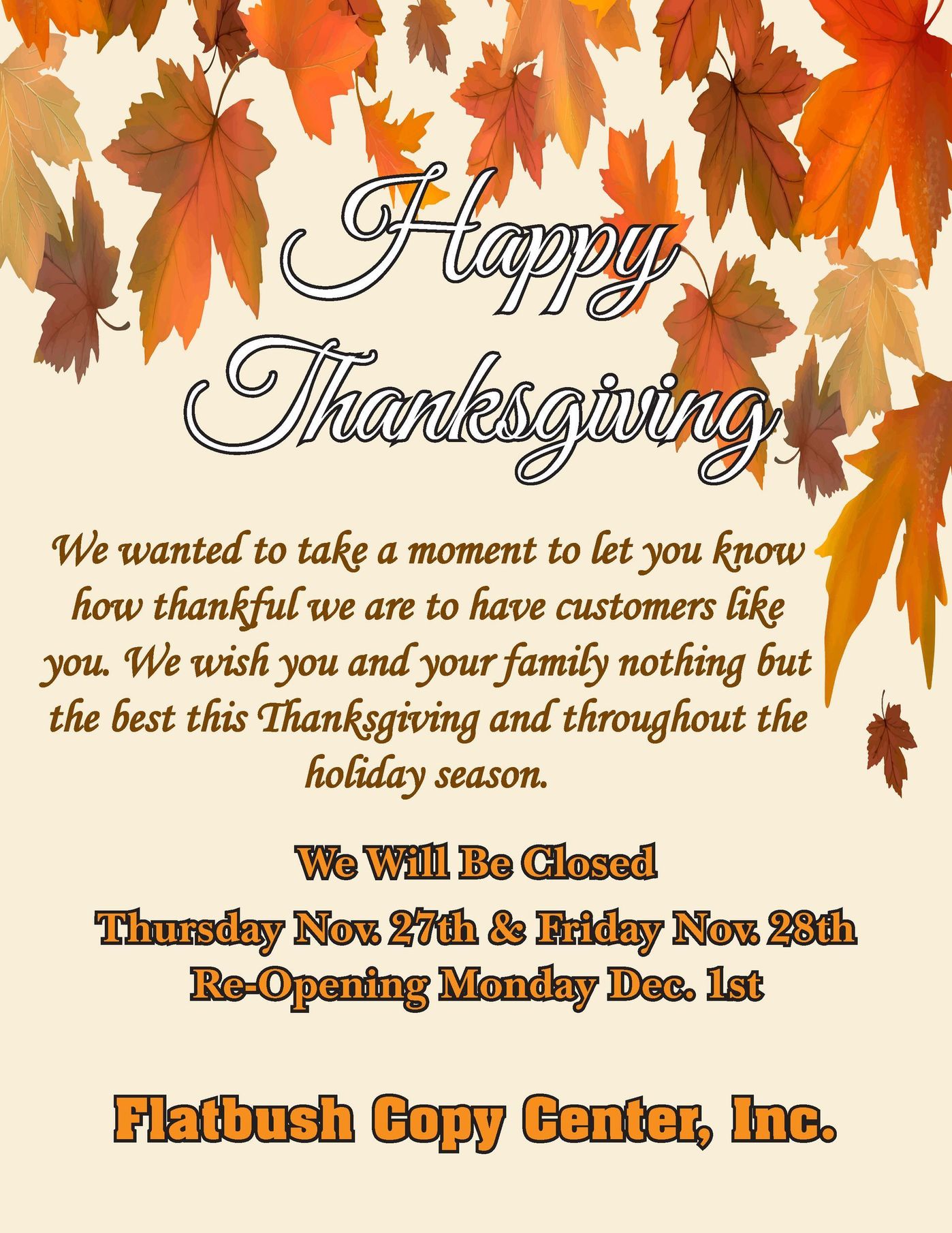 Thanksgiving card with falling leaves, message, and closure announcement for Flatbush Copy Center.