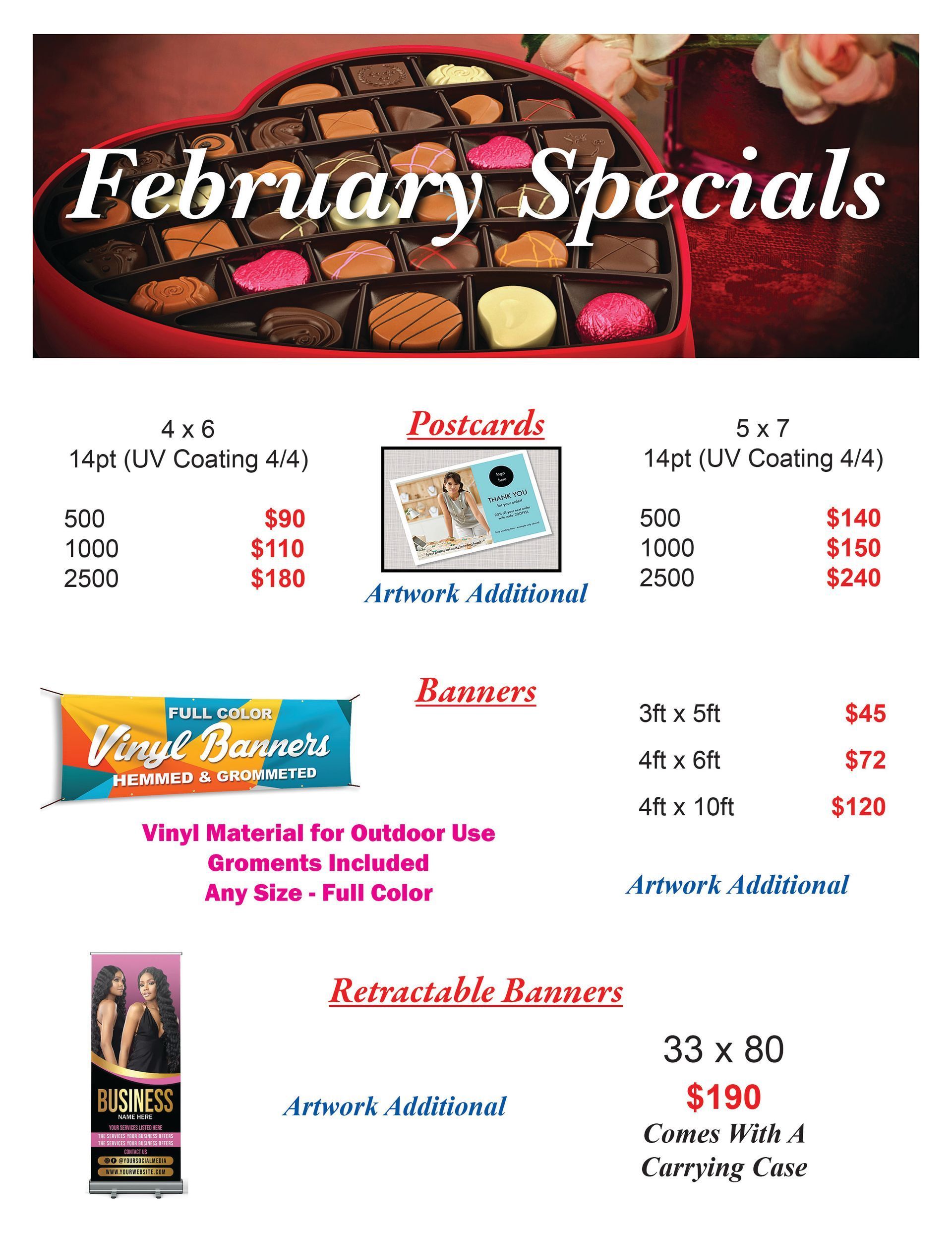 Valentine's Day specials chocolates, postcards, banners. Pricing for print materials with sizes and case included.