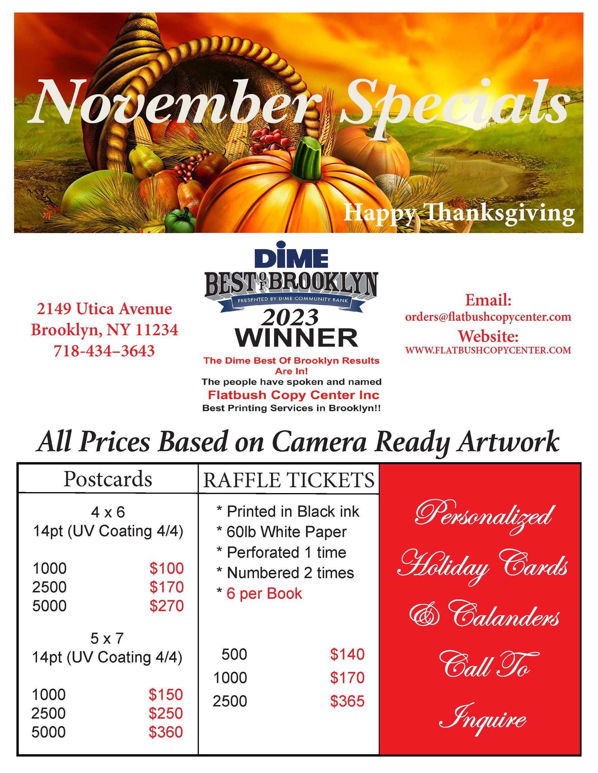 November specials flyer for a Brooklyn business with Thanksgiving and raffles.
