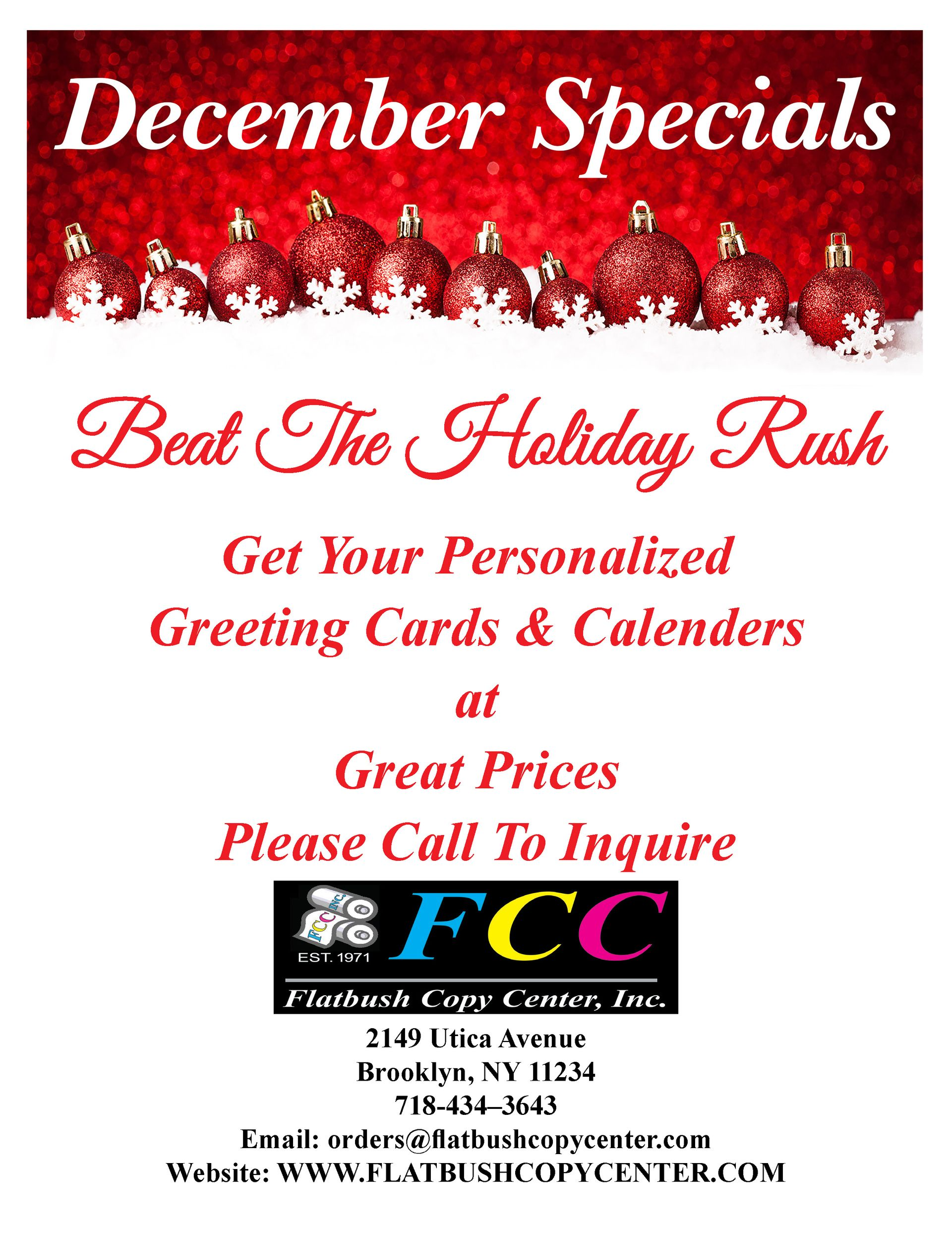 Advertisement for December specials: red background with ornaments, text promoting personalized greeting cards and calendars. FCC logo, contact info.