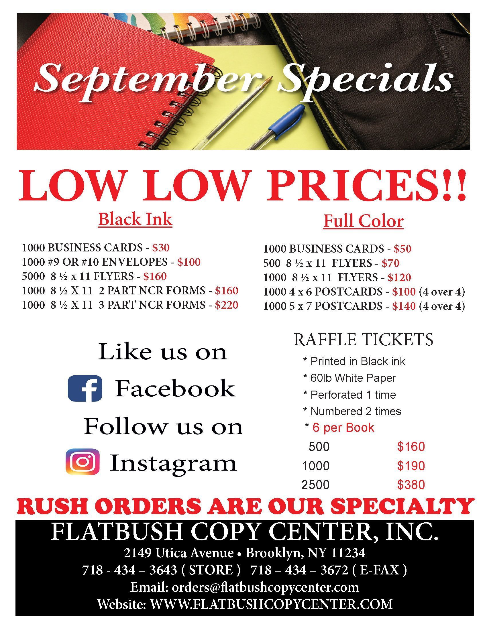 August Specials ad for Flatbush Copy Center in Brooklyn, offering discounts on invoices, envelopes, and door hangers.