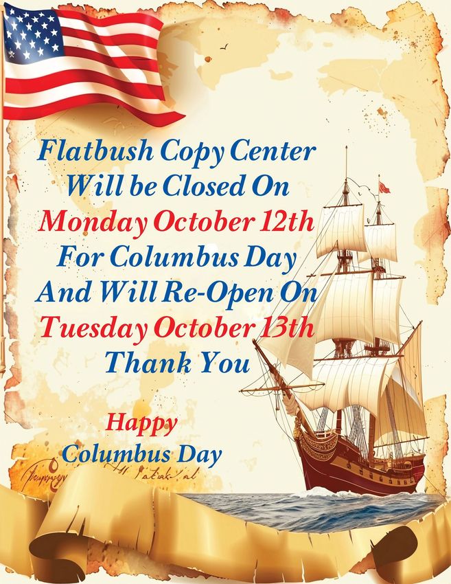 Columbus Day closure notice with American flag, sailing ship, and autumn parchment background.
