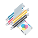 Printing machine with cyan, magenta, yellow, and black rollers, paper, and CMYK color chart.