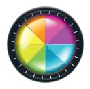 A colorful wheel divided into six sections, each with a different bright color, set against a black border.