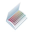 Open book with color swatches, showcasing a range of hues for design or art.