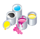 Open paint cans with blue, black, pink, and yellow paint, and spilled pink paint.