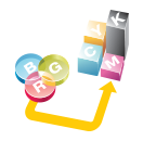 Colorful cubes and overlapping circles representing color mixing, with a rising yellow arrow.