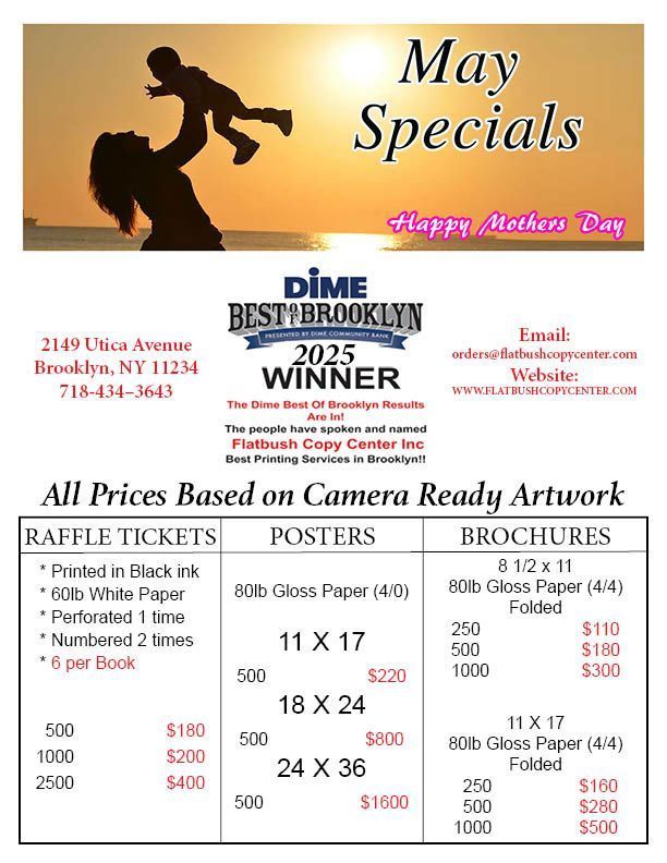 May Specials flyer  with pricing, services, and contact details