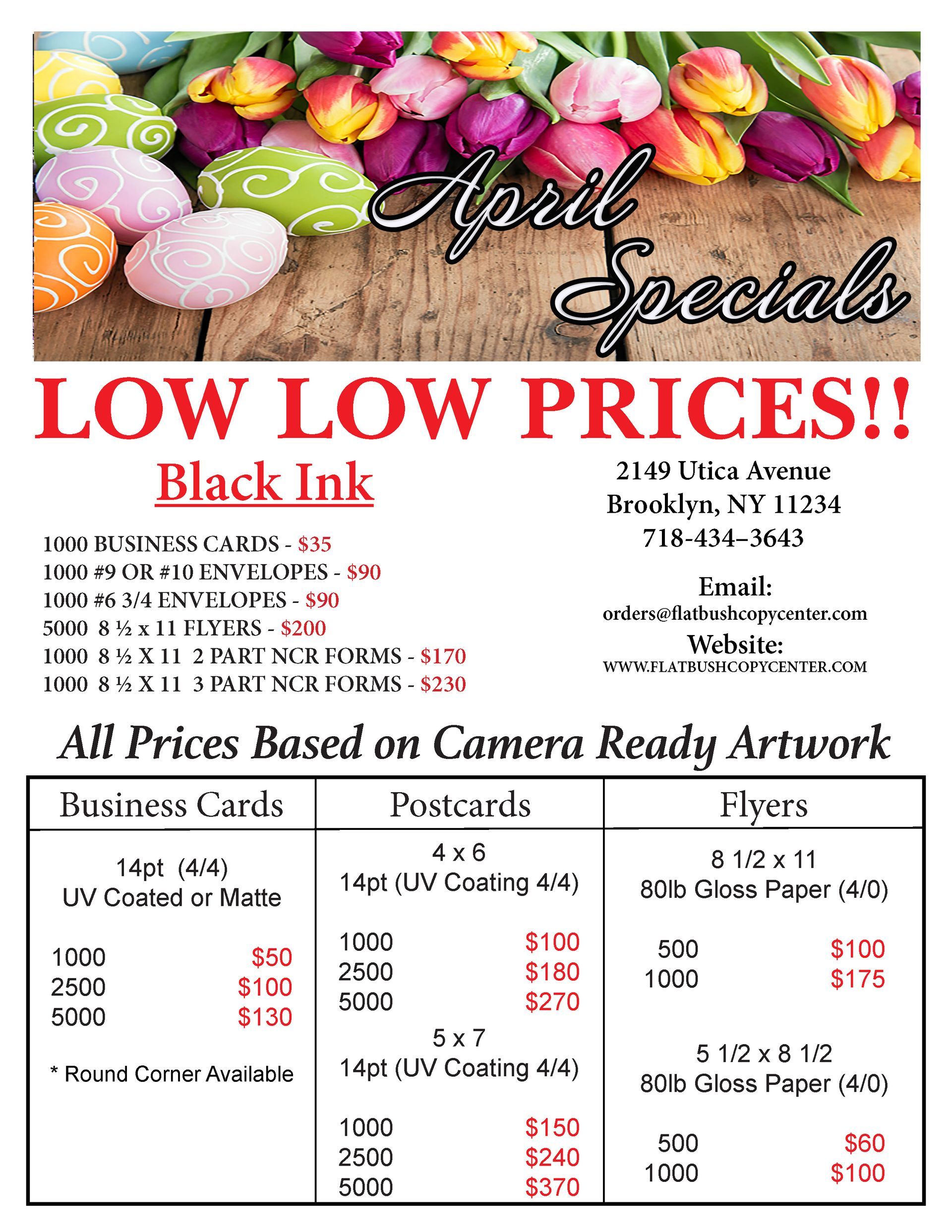 A flyer titled April Specials listing discounted prices for black ink printing services, business cards, and flyers.