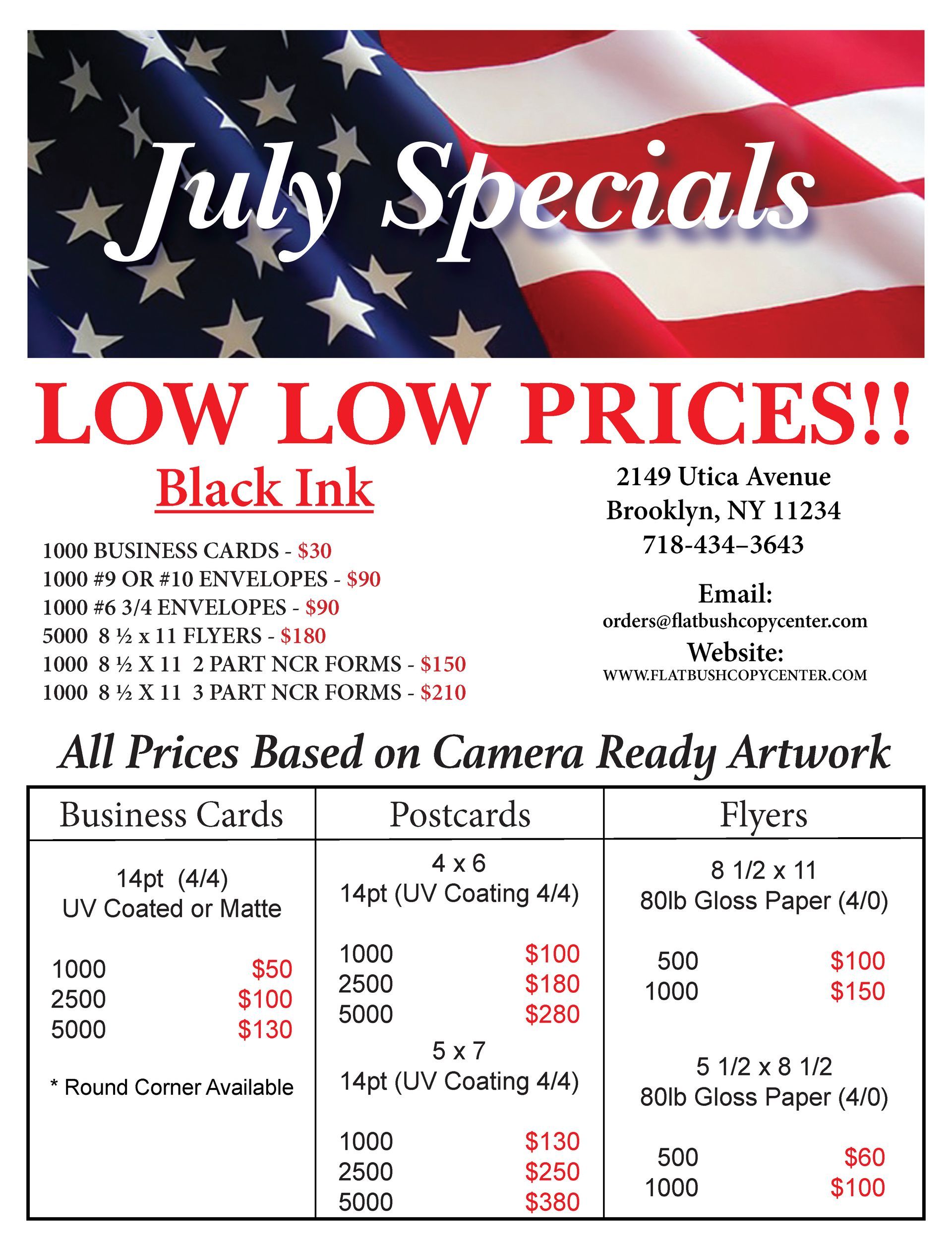 July Specials flyer with US flag, bold low prices, and black ink business card printing rates