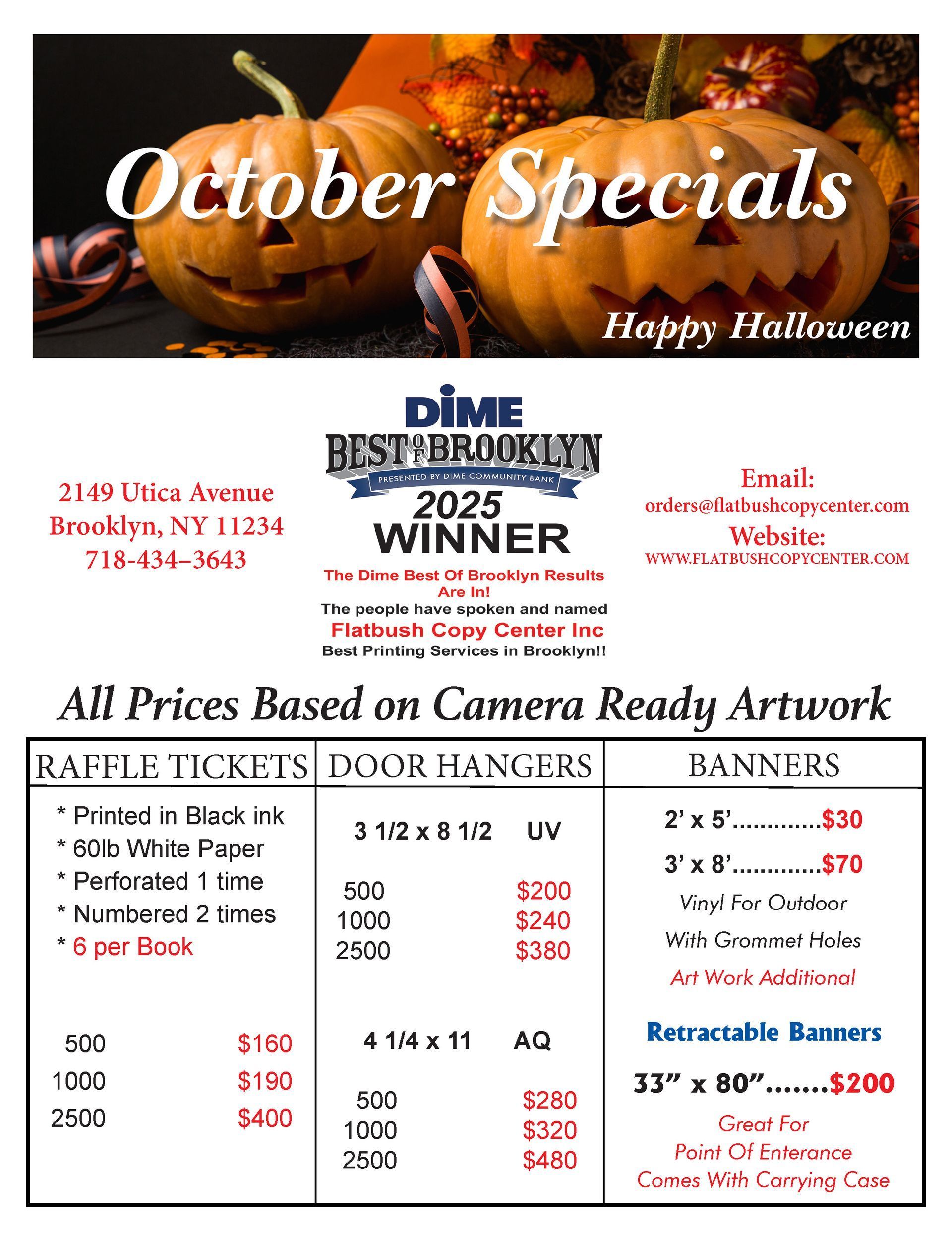 October Specials flyer with a Dime Best of Brooklyn 2025 winner logo.