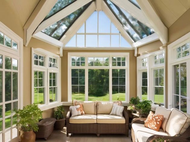 Sunroom with a vaulted glass ceiling, tan walls, and wicker furniture facing a large window view of green trees.