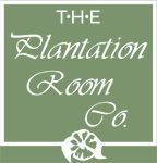 A square sage green logo reading "THE Plantation Room Co." in white, cursive text, with a stylized flower icon below.