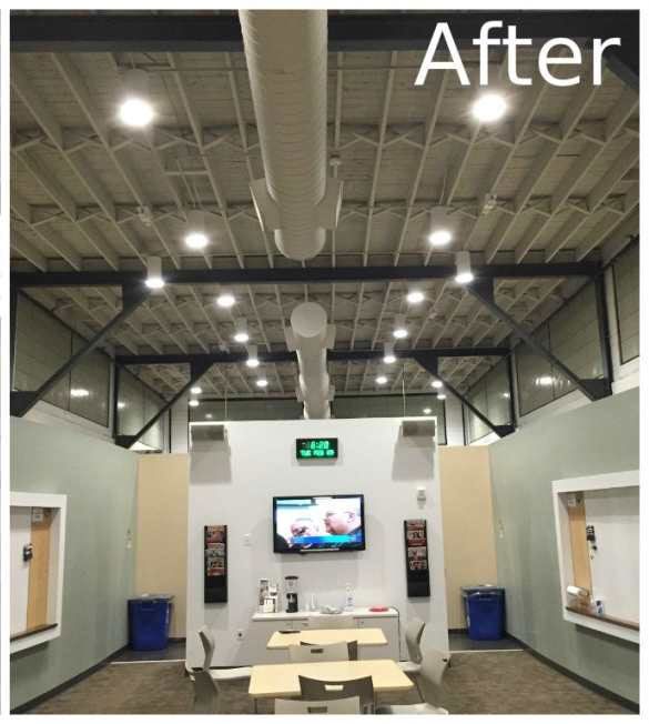 Indoor lounge with high ceiling, tables, TVs, and an “After” label above the scene.