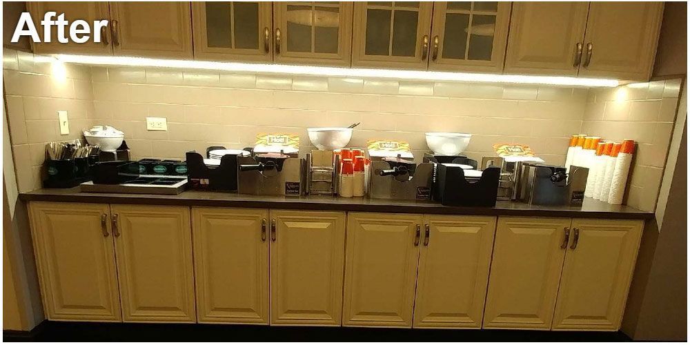 Kitchen countertop cluttered with dishes, bags, and appliances under cabinets, labeled “After.”