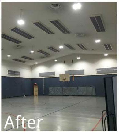 Empty indoor gym with basketball hoop, gray floor, blue wall mats, and “After” text in the corner