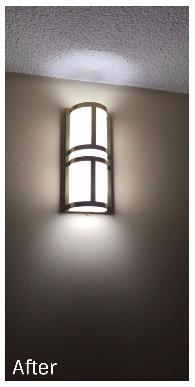 Wall-mounted light fixture glowing on a beige wall and ceiling, labeled “After.”