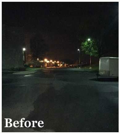 Dark parking lot at night with distant lights and the word “Before” in the corner