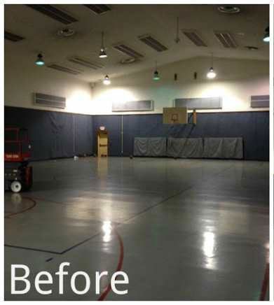 Empty indoor gym with basketball hoop, gray floor, and “Before” text in the corner