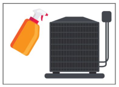 Orange spray bottle spraying an air conditioning unit.