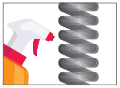 A person sprays a gray spring with an orange spray bottle, white background.