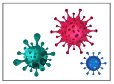 Illustration of three different colored viruses: green, red, and blue.