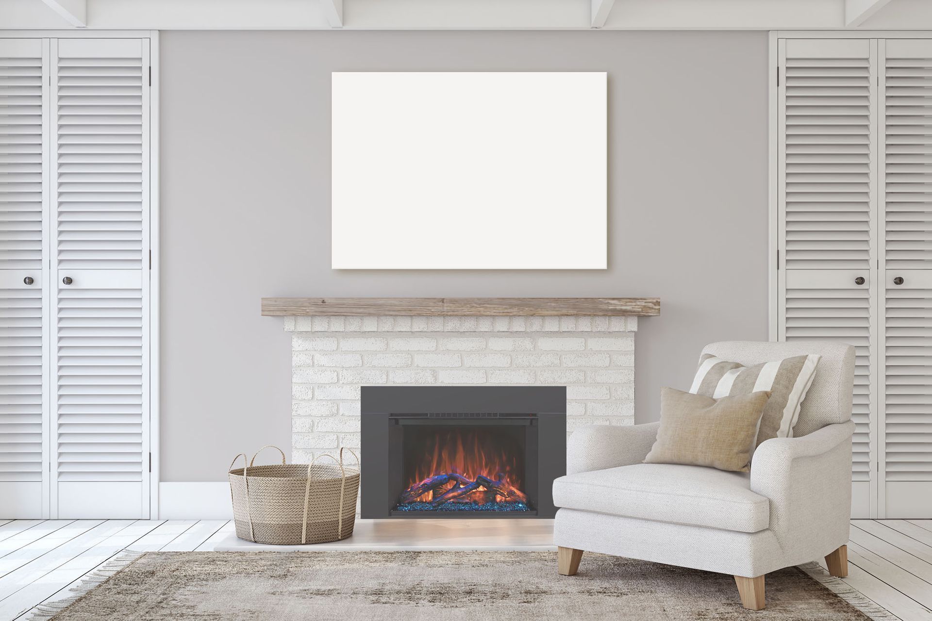 Living room with a white brick fireplace, blank canvas, armchair, and storage cabinets.