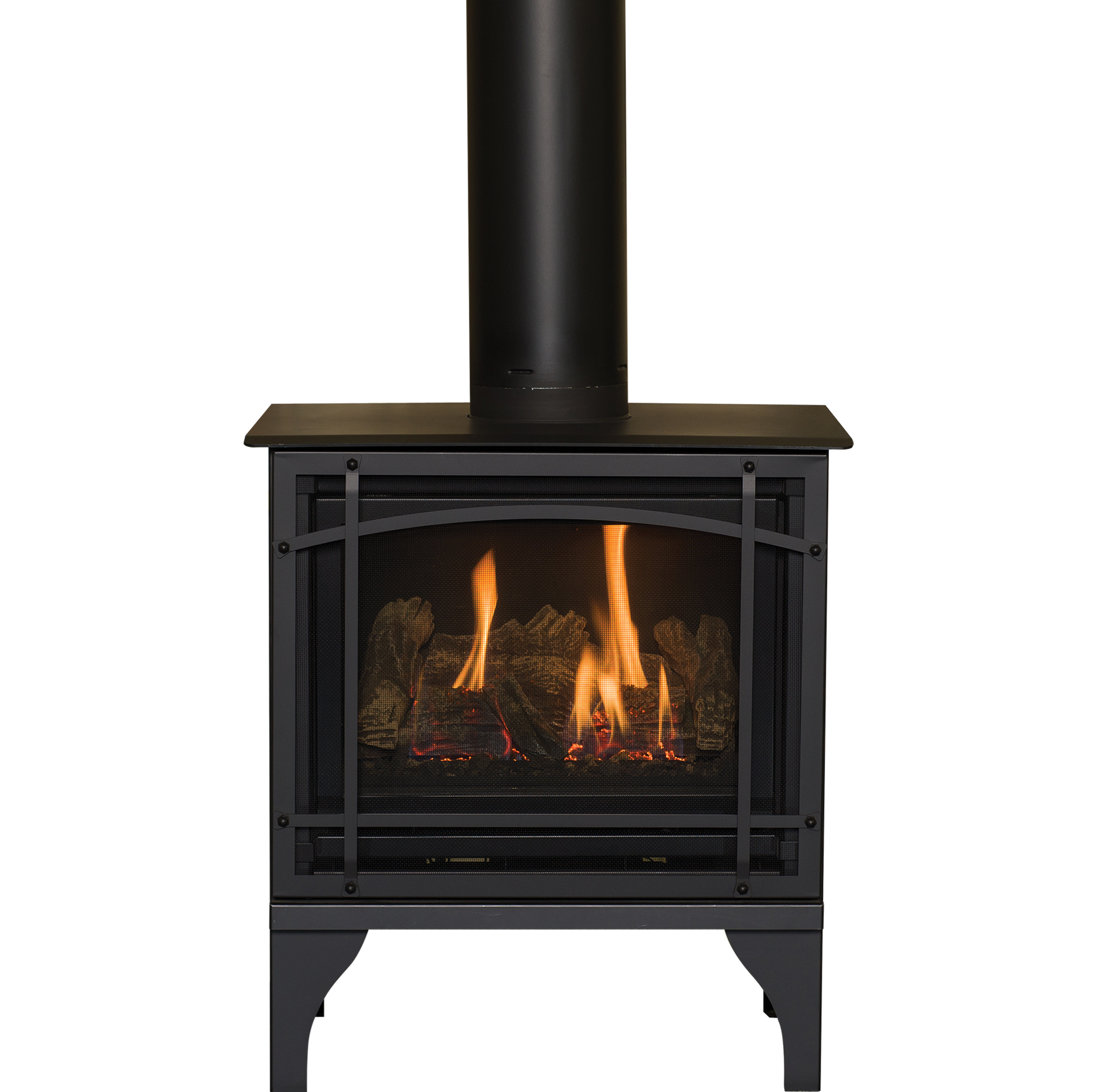 Black gas fireplace with flames, metal mesh screen, and chimney.