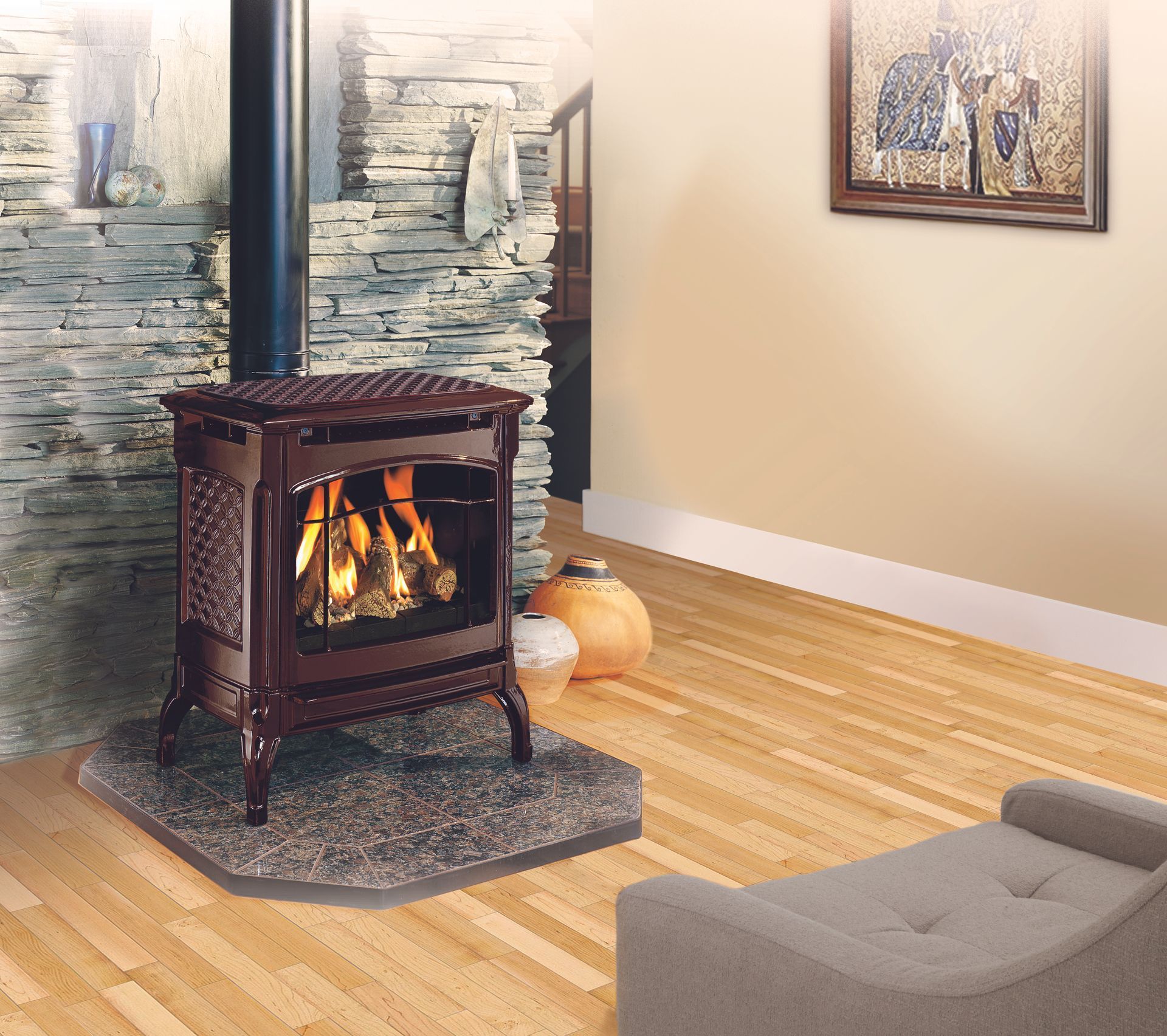 Gas fireplace in burgundy with burning flames, set on a stone hearth, next to a wooden floor.