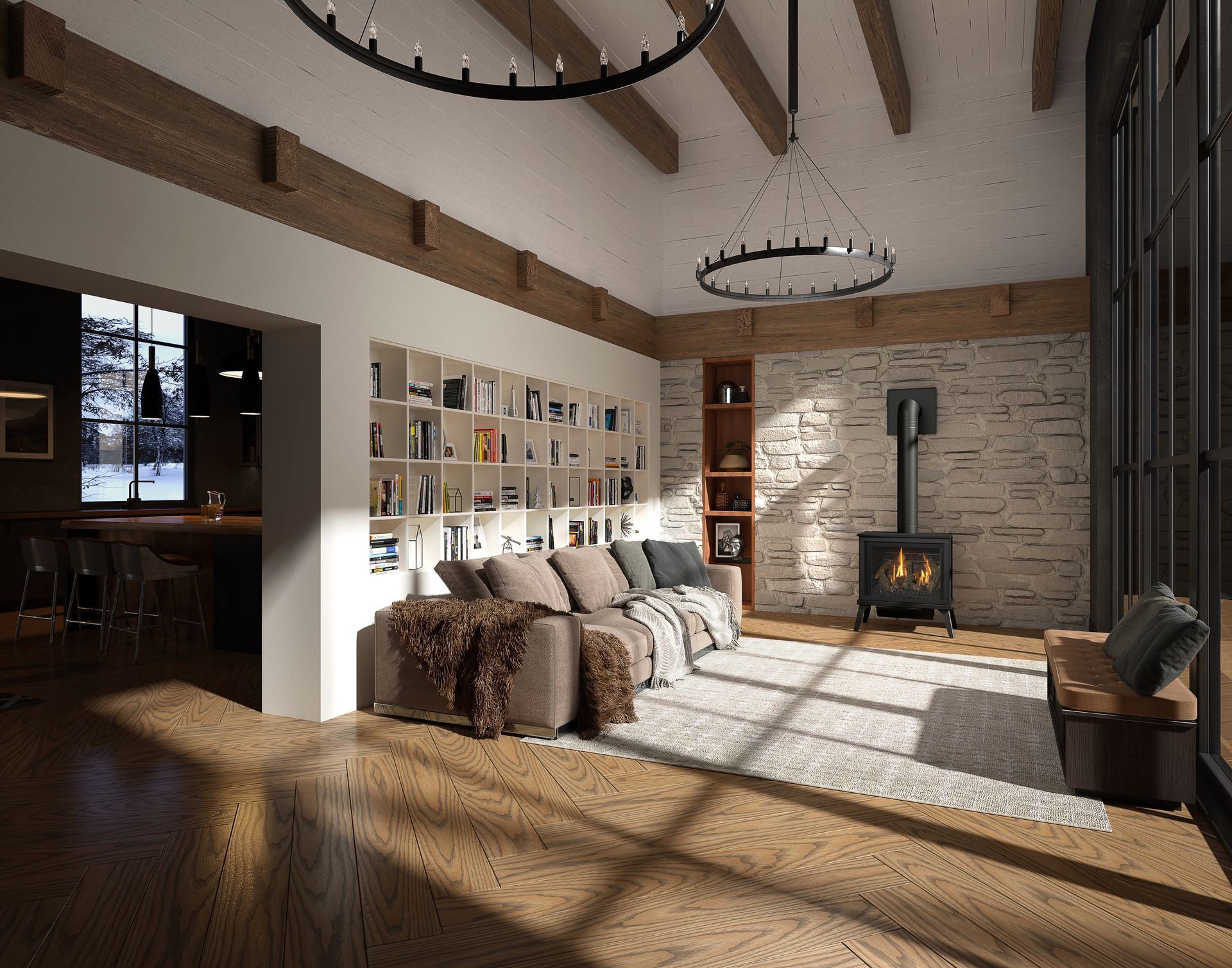 Cozy living room with a fireplace, bookshelves, and wooden beams. Sunlight streams through the windows.