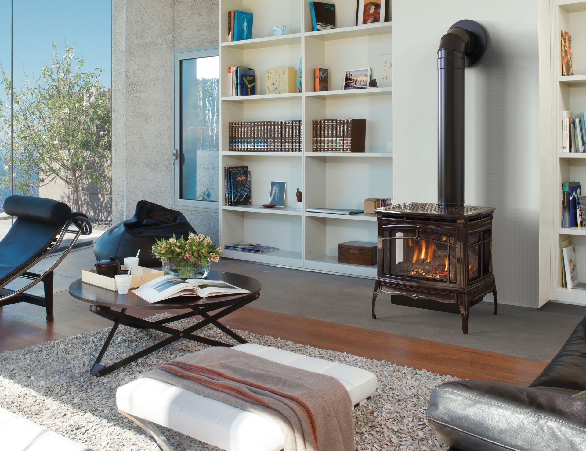 Living room with fireplace, bookshelves, lounge chair, coffee table, and area rug.
