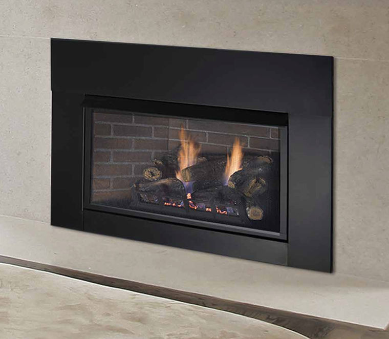 Black gas fireplace with flames, logs, and brick background.
