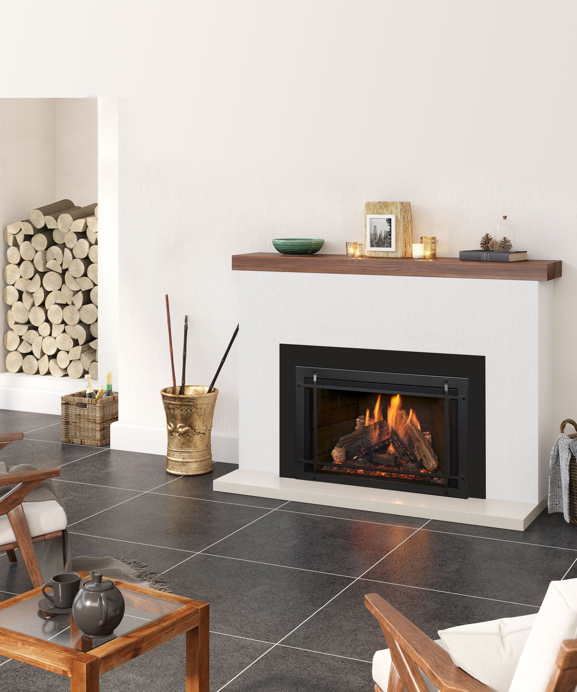 Fireplace with flames, wood mantel, and stacked logs in a white-walled room with dark flooring and furniture.