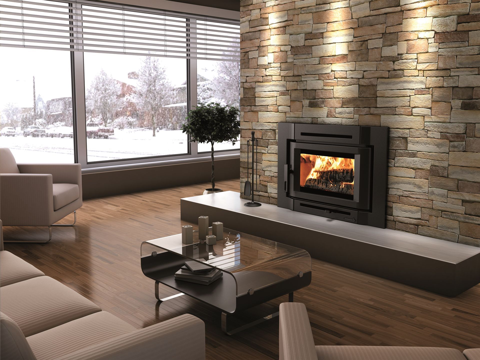 Cozy living room with fireplace on stone wall, snow outside window.