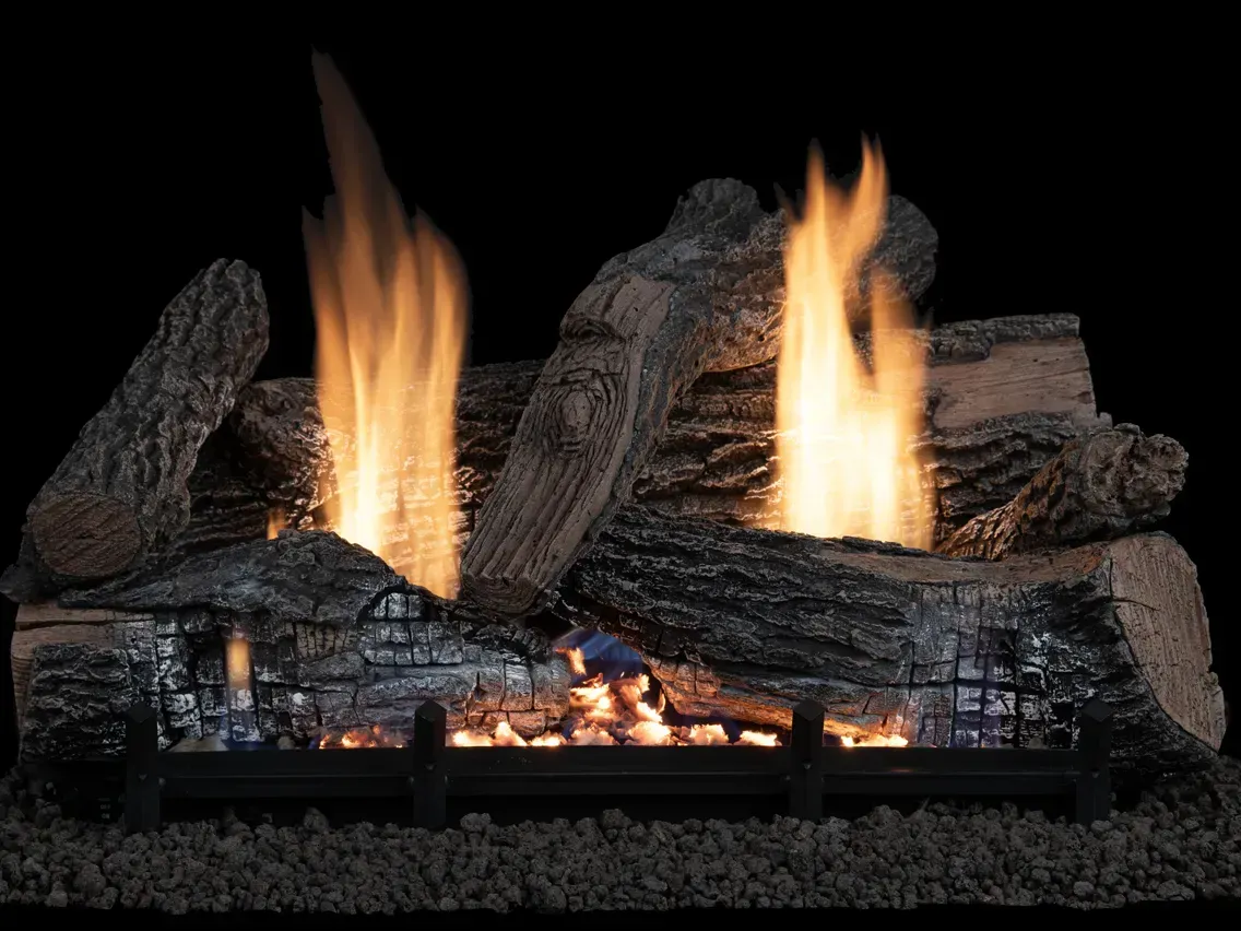 Gas fireplace with burning logs and flames against a black background.