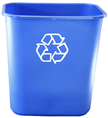 blue trash can with a recycle logo