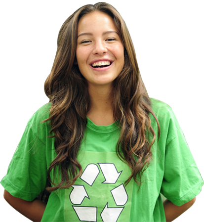 girl wearing green recycle logo t-shirt