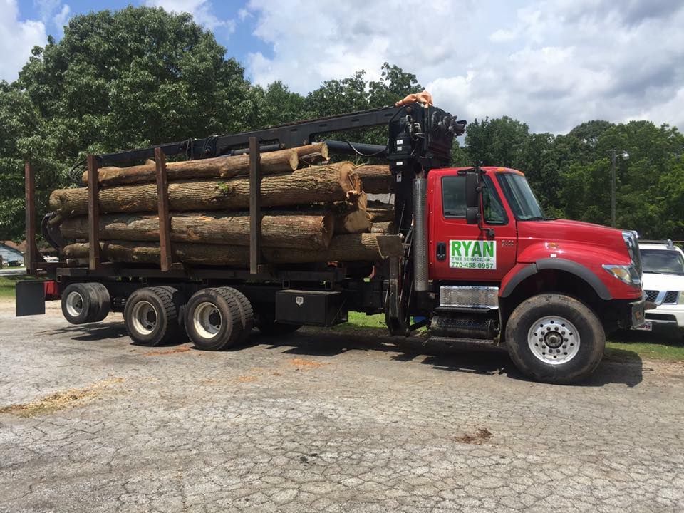 A red truck is carrying logs in a parking lot.