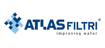 Logo for Atlas Filtri, a water filtration company, featuring a blue pixelated shape, the company name in blue, and the tagline