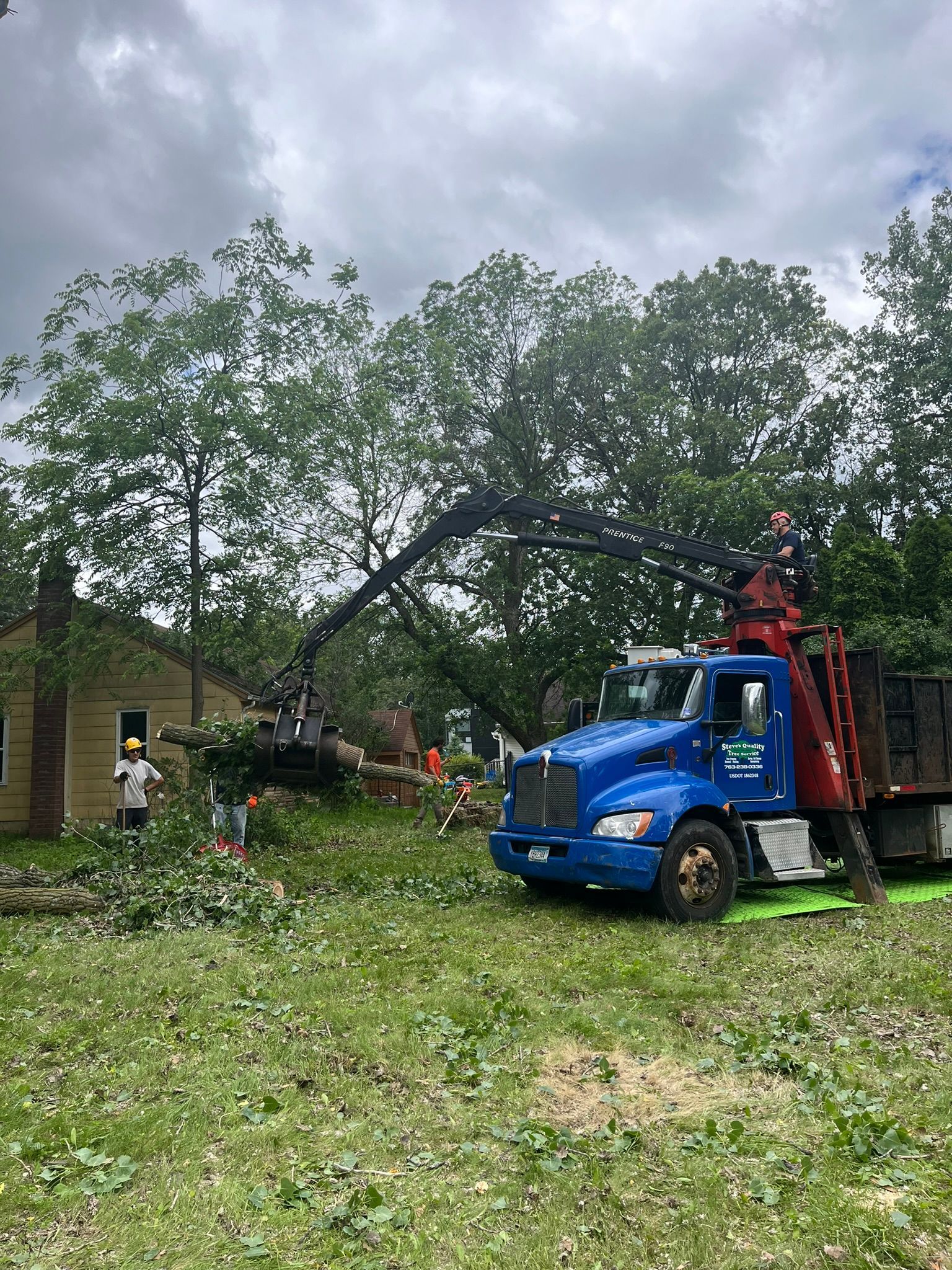 A blue truck with a crane attached to it is cutting down a tree.