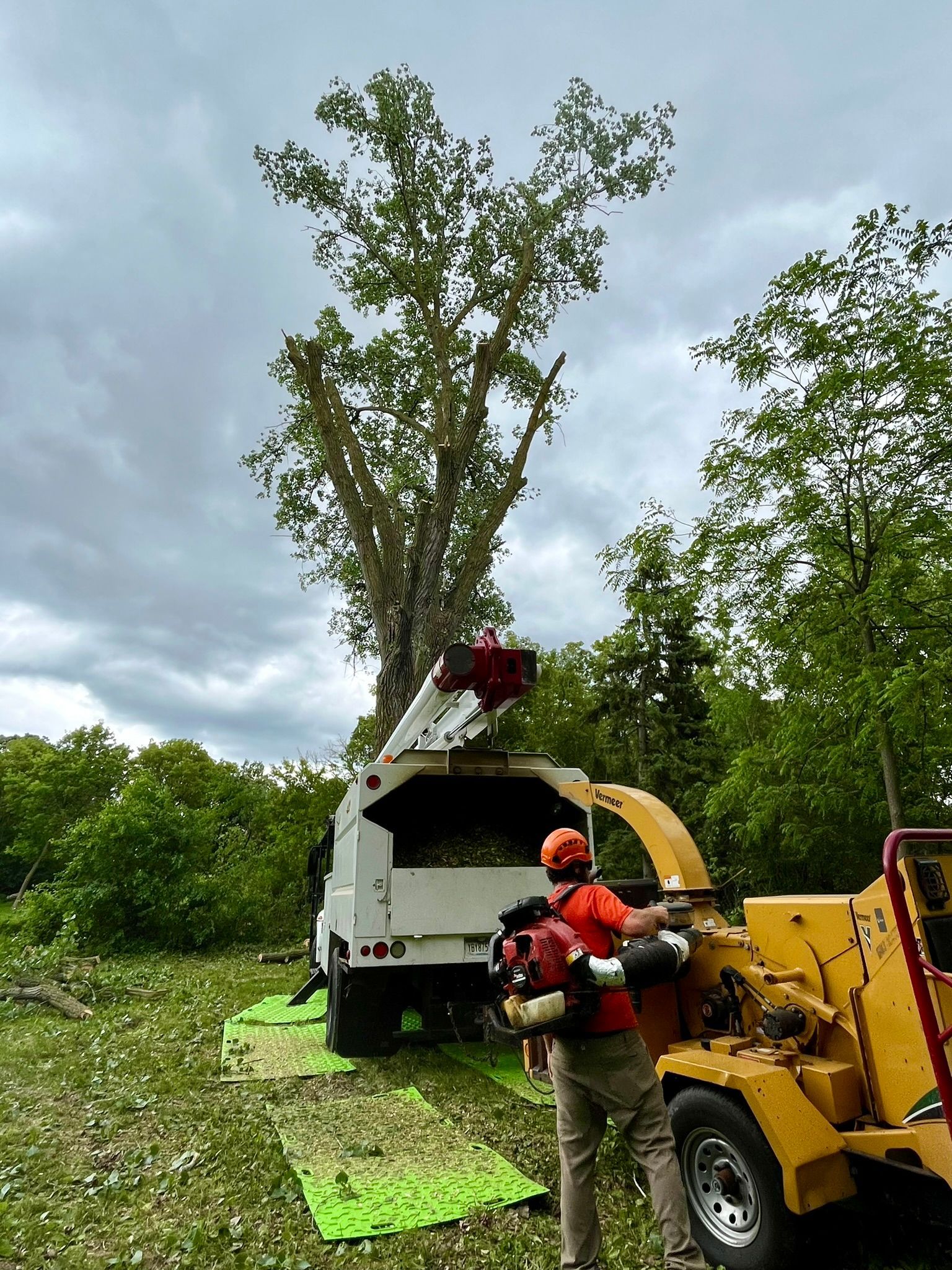 A man is standing next to a tree chipper in a field.