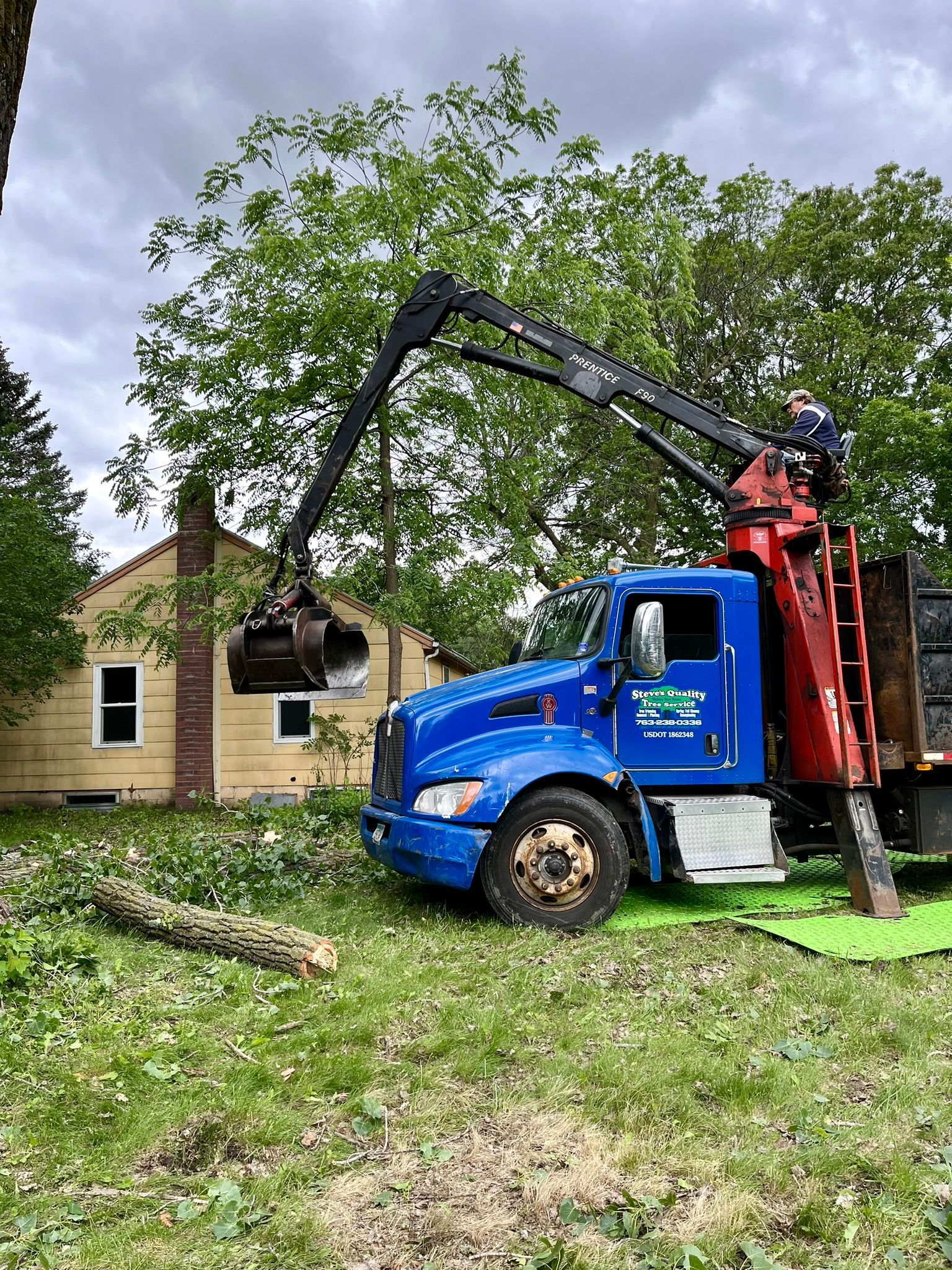 A blue truck with a crane attached to it is cutting down a tree.