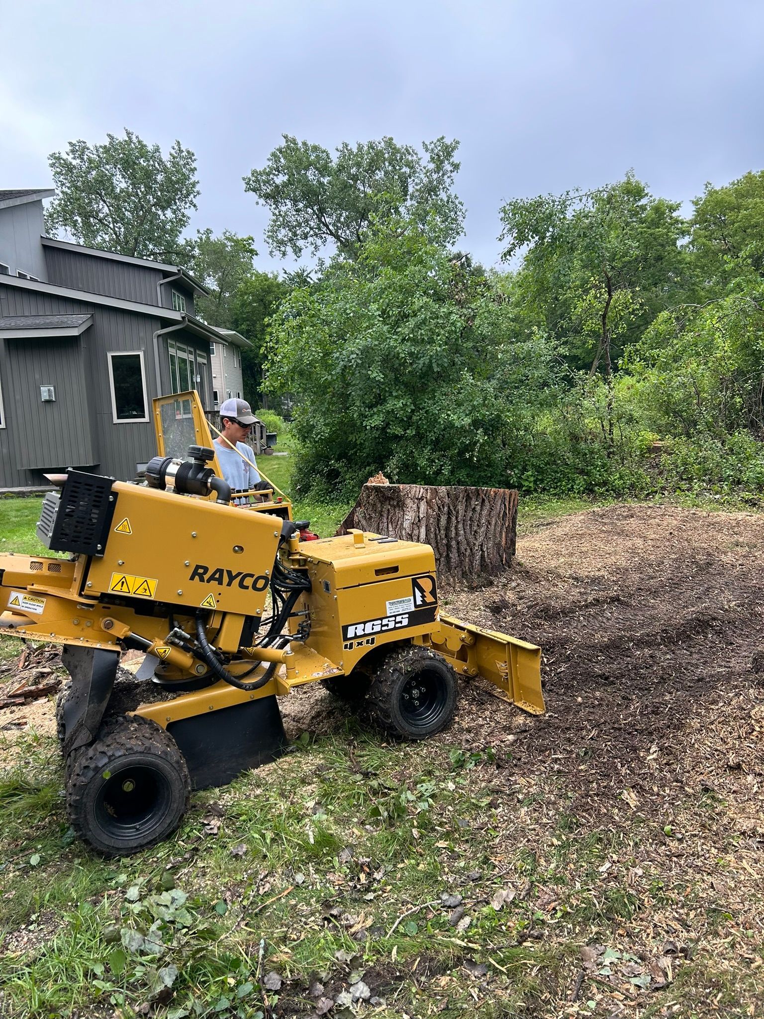 A man is driving a yellow stump grinder in a yard.