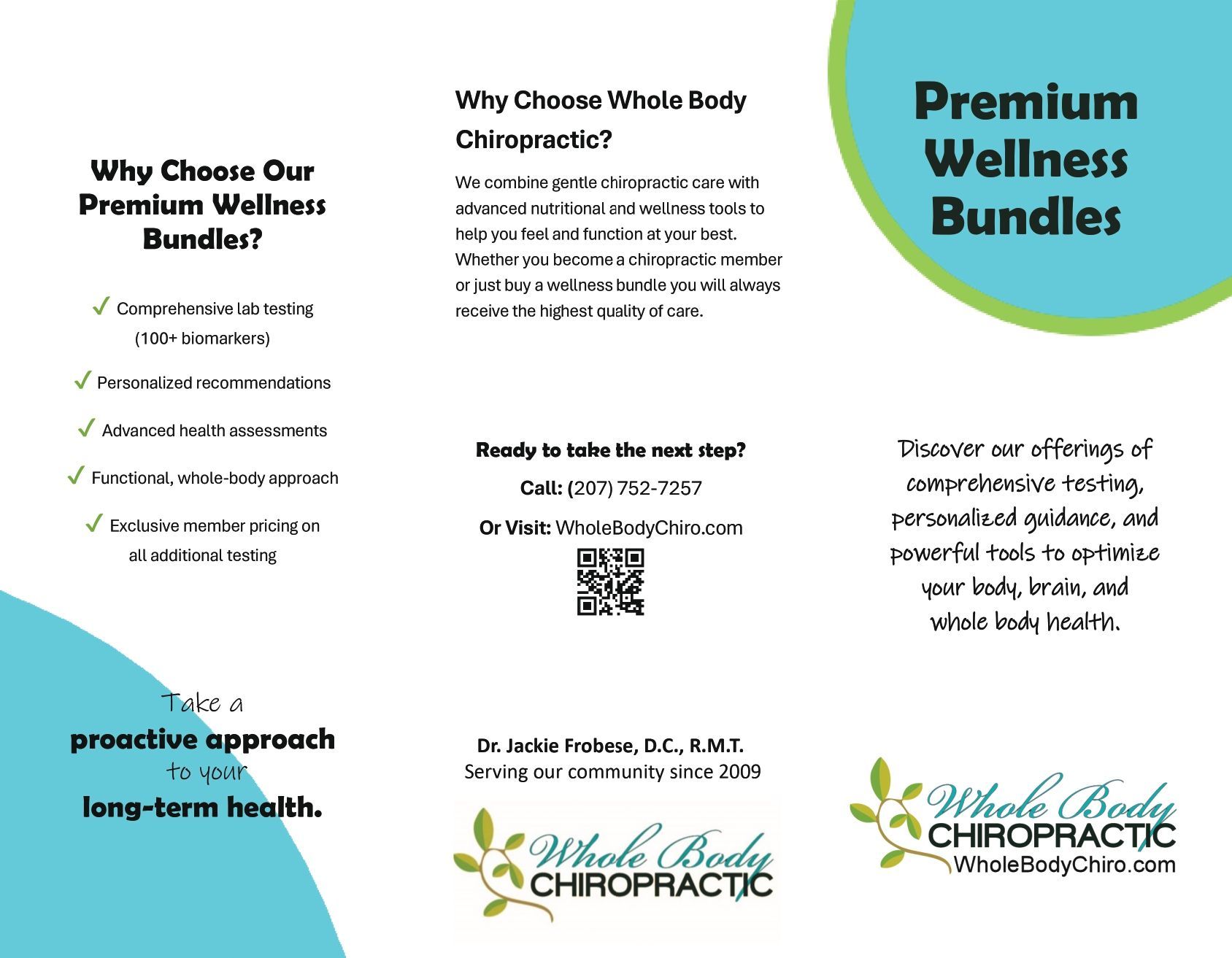 Chiropractic flyer for premium wellness bundles with teal accents, QR code, and practice logo